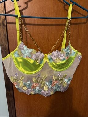 Neon Lime Floral Embroidered Mesh Bralette with Gold Chain
